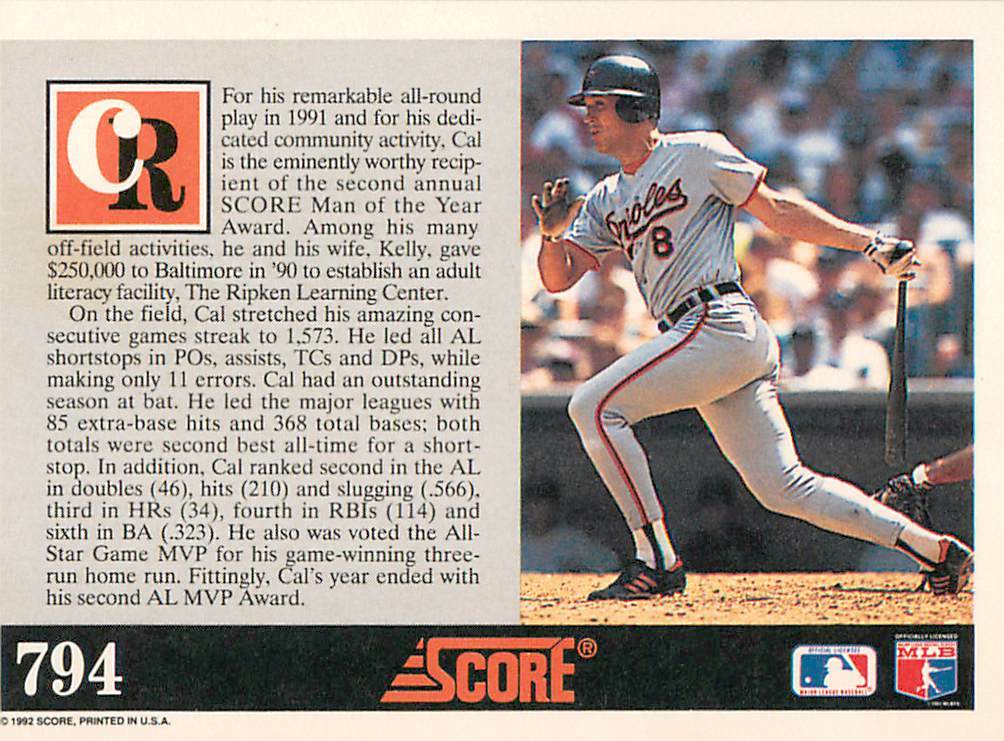 1992 Score - Man of the Year Cal Ripken #794 for sale online | eBay
