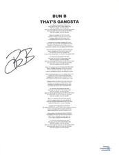 Bun B Signed Autographed That's Gangsta Lyric Sheet Hip Hop Rapper ACOA COA