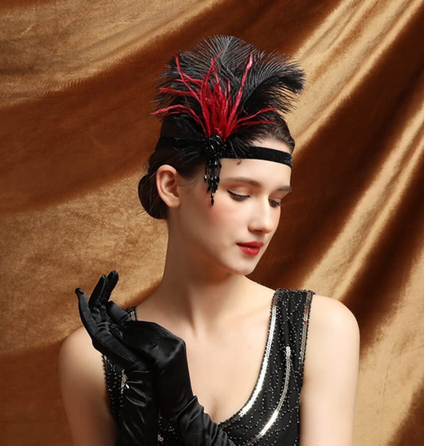 Burgundy Black Great Gatsby Headpiece Flapper 20s Costume Headband Feather