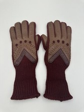 Vintage English Village Ladies Acrylic Knit Driving Gloves Brown Tan Maroon Red