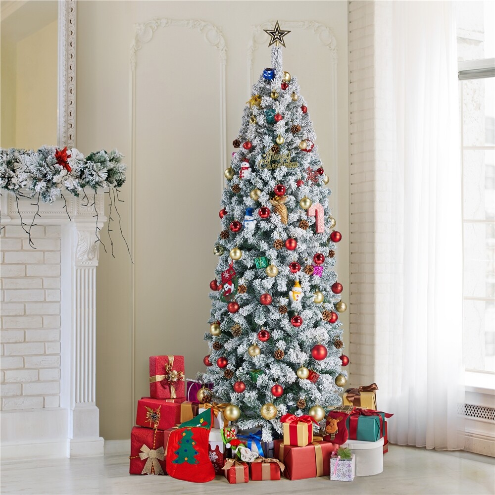 6ft/7.5ft Artificial Pencil Christmas Tree, Snow Flocked Unlit