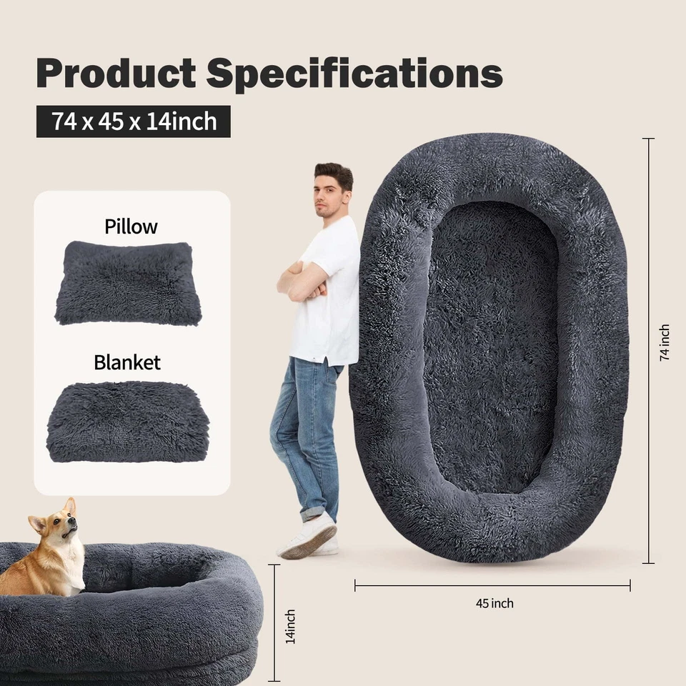 Cama lavable para perro humano de gran tamaño cama calmante con manta de almohada alfombra suave Foto 3 de 4