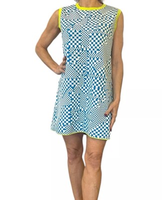 ZARA BLUE RETRO CHECK MOD SHIFT MINI DRESS NEON TRIM SLEEVELESS KNIT  5802/108 M | eBay