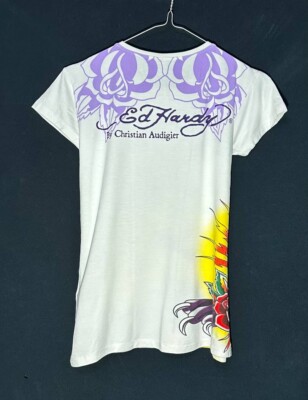 Ed Hardy RETRO TIGER glitter WOMENS short sleeve Y2K made in USA