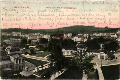 Old postcard Mariánské Lázně view to the Ferdinand Fountain Czechoslovakia (619729)
