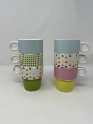 lot of 6 Pastel Stackable Mugs Coffee Tea Hot Chocolate 8 Oz. Kcare Vintage EUC