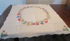 Vintage 40" x 37" Liquid Embroidery Linen Tablecloth Fruit Design Scallop Edge