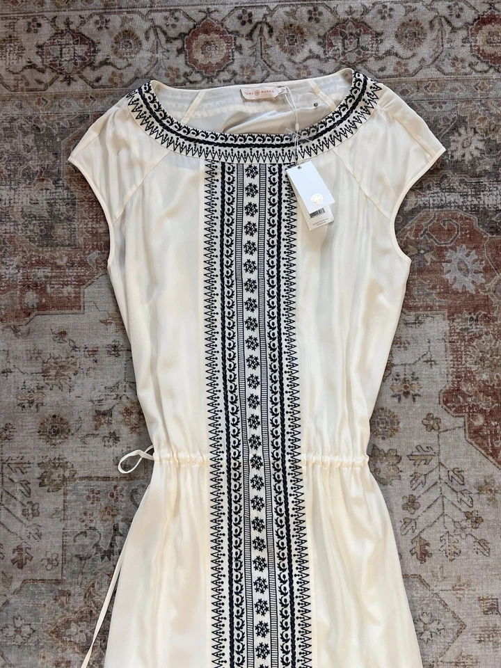 Maxi Vestido Tory Burch Seda Bordado Cintura Ajustada Corbata Sin Mangas Cambio Talla L Foto 4 de 4