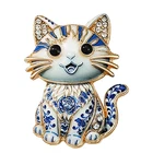 Blue Sitting Cat Flower Brooch Gold Rhinestone Kitten Pin Floral Jewelry Gift