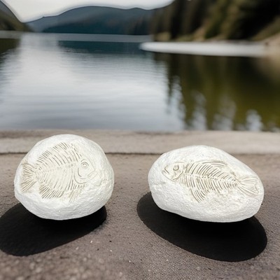 Decorative White Resin Stones w/Fish Skeleton Fossil Imprint Home Decor