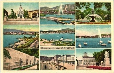 Vintage Multi-View Geneva Switzerland Postcard O. Sartori Lake Jet d'Eau