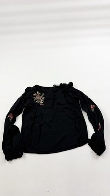 Zara Basic Blouse Womens Large Black Embroidered Floral Boho Ruffle Long Sleeve