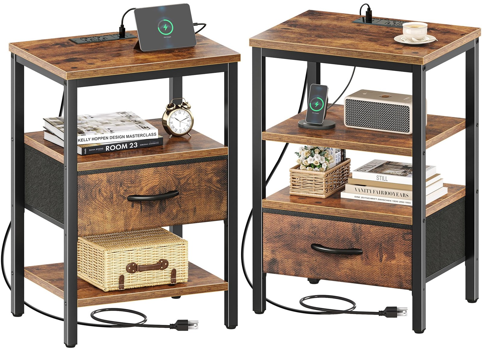 Nightstand Set of 2 with Charging Station and Adjustable Fabric Drawers for Bedroom Storage-image