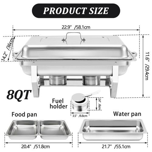 Stainless Steel Chafing Dish Sets 8 QT Catering Chafer Food Warmer 2 pan 6 Pack - Picture 5 of 7