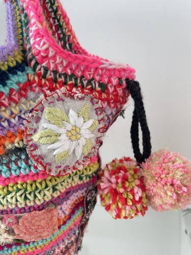 Handmade Boho Crochet Handbag Small Bucket Bag Rustic Vibe with Pom Poms - Picture 8 of 15