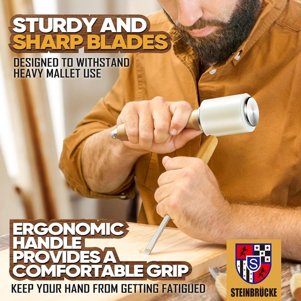 Wood Carving Tools Set of 12 Chisels and Wood Mallet with Canvas Case Gouges - Image 3 of 4