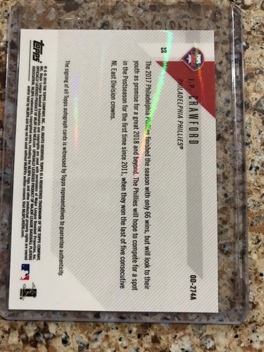 2018 Topps Now Opening Day JP Crawford Autograph Auto #d 12/99 Phillies On Card - Picture 2 of 2