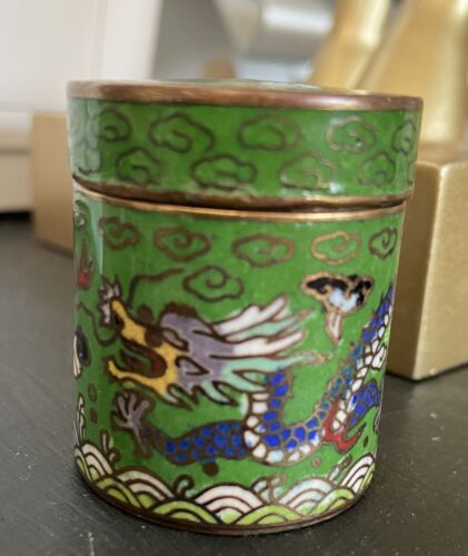 Excellent Vintage champleve enamel Medieval Dragon Fire Opium Canister Jar Box