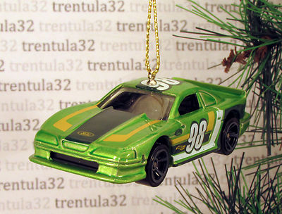 FORD MUSTANG COBRA Race Car CHRISTMAS ORNAMENT Green/White/Yellow 98 racing XMAS