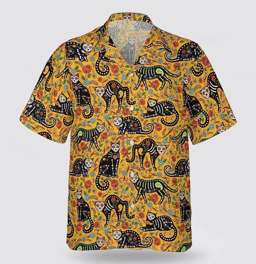 Cat Halloween Flower Colorful Pattern Hawaiin Shirt