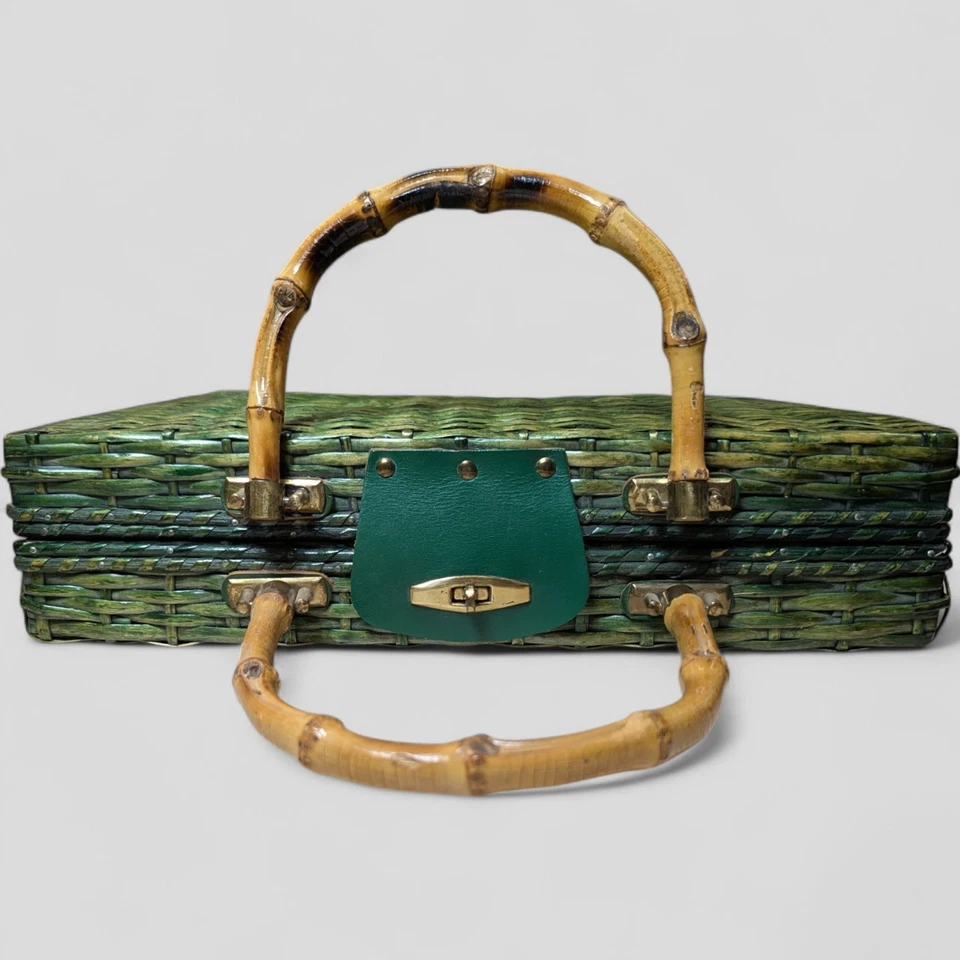 Vintage Green Wicker Rattan Satchel Briefcase Purse Bamboo Handle  14"X10" MCM - Image 2 of 4