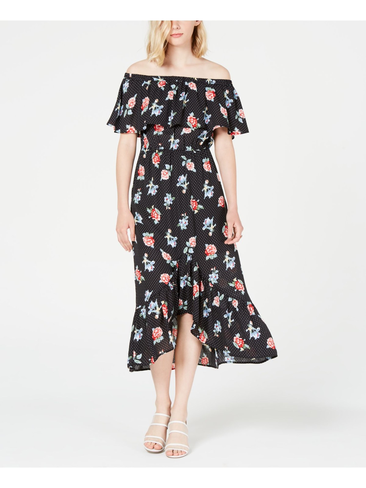 CITY STUDIO Womens Sheath Midi Dress Black Off Shoulder Floral Juniors XXS