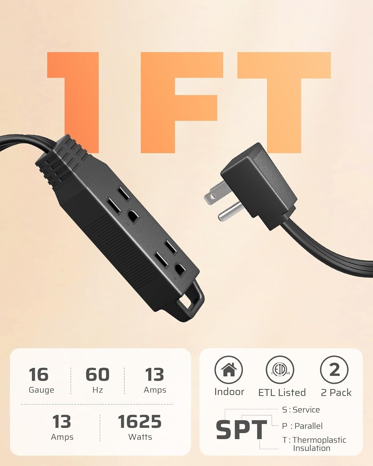 Flat Plug Extension Cord 1 FT - 3 Outlets Power Strip, Space-Saving Design