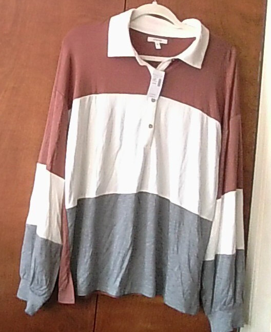 NWT Maurice's Sz L Collared Shirt LSlv Henley Stylish Playful Colorblock Outdoor