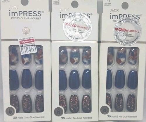 Kiss impress color gel nail SET No Glue Mani 30 Nails ea indigo autumn med 3pk