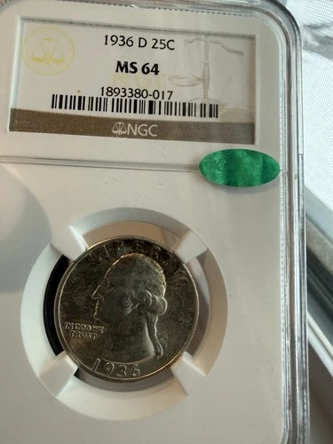 1936-D WASHINGTON QUARTER NGC MS-64 CAC  Semi Key Date