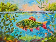 Fisch Karpfen Ölmalerei 20x15 cm Unterwasser Ölgemälde auf Malkarton