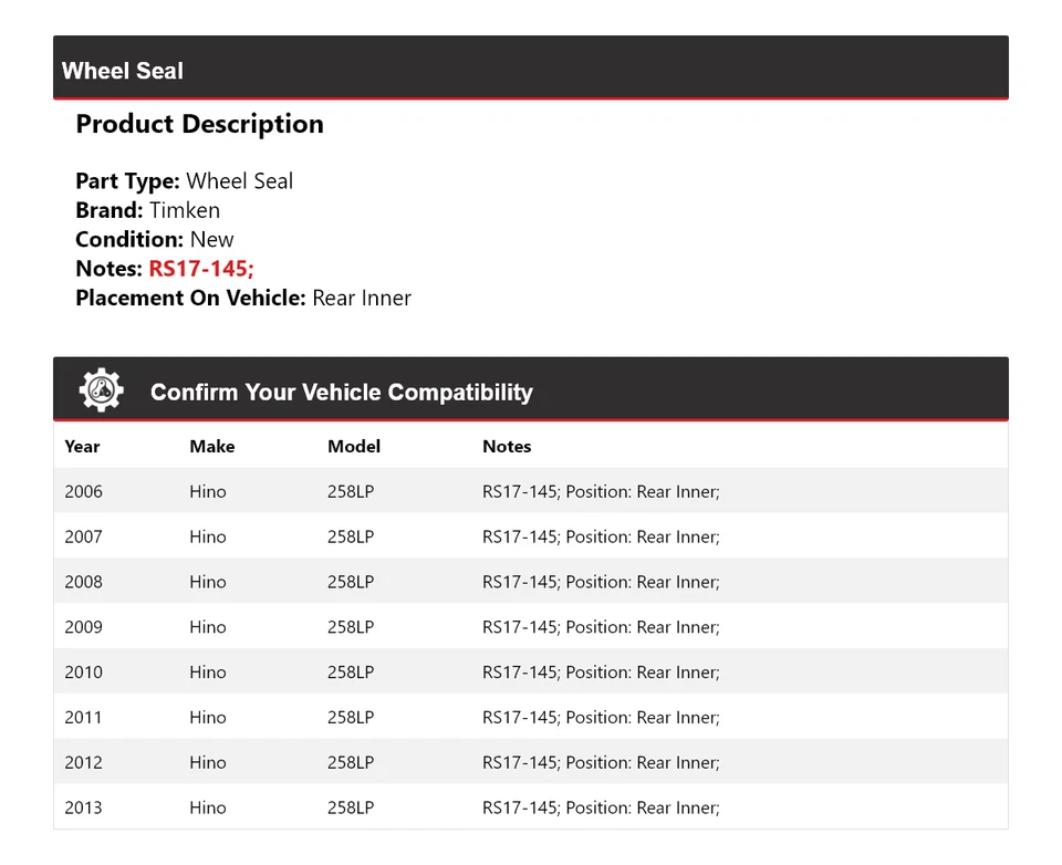 Sello de rueda interior trasero Timken 2007 2008 2009 2010 2011 para Hino 258LP 2006-2013 Foto 2 de 3