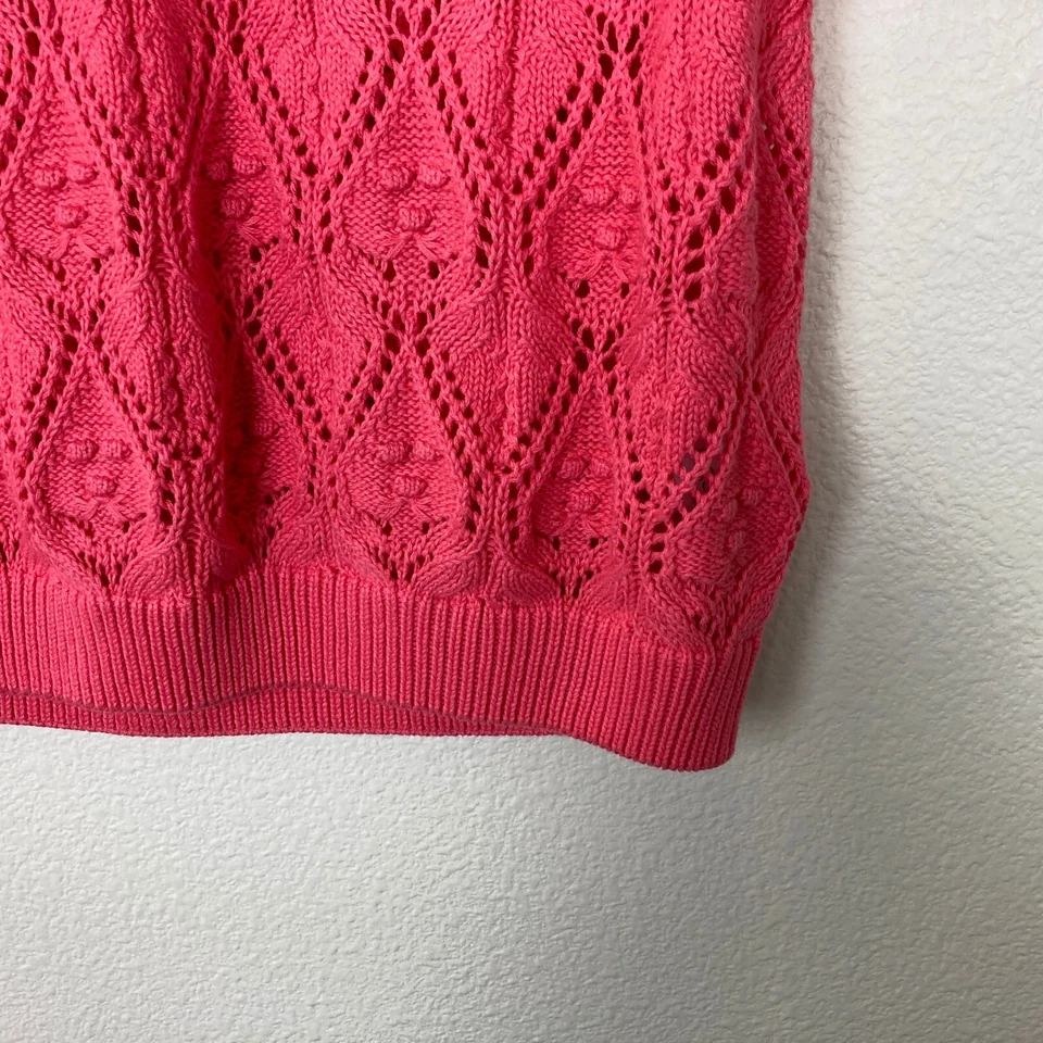 M&S Per Una Open Knit Sweater Women's US S UK M Pink Coral Cotton Short Sleeves - Image 3 of 4