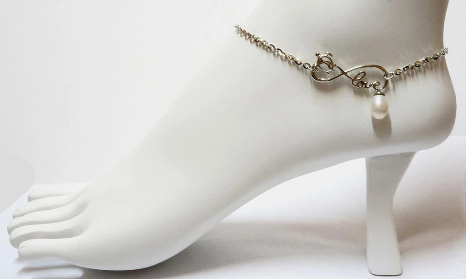 Гавайская родиевая серебряная черепаха 925 пробы Infinity Love FW с белым жемчугом на лодыжке 9–11 дюймов - Изображение 2 из 4