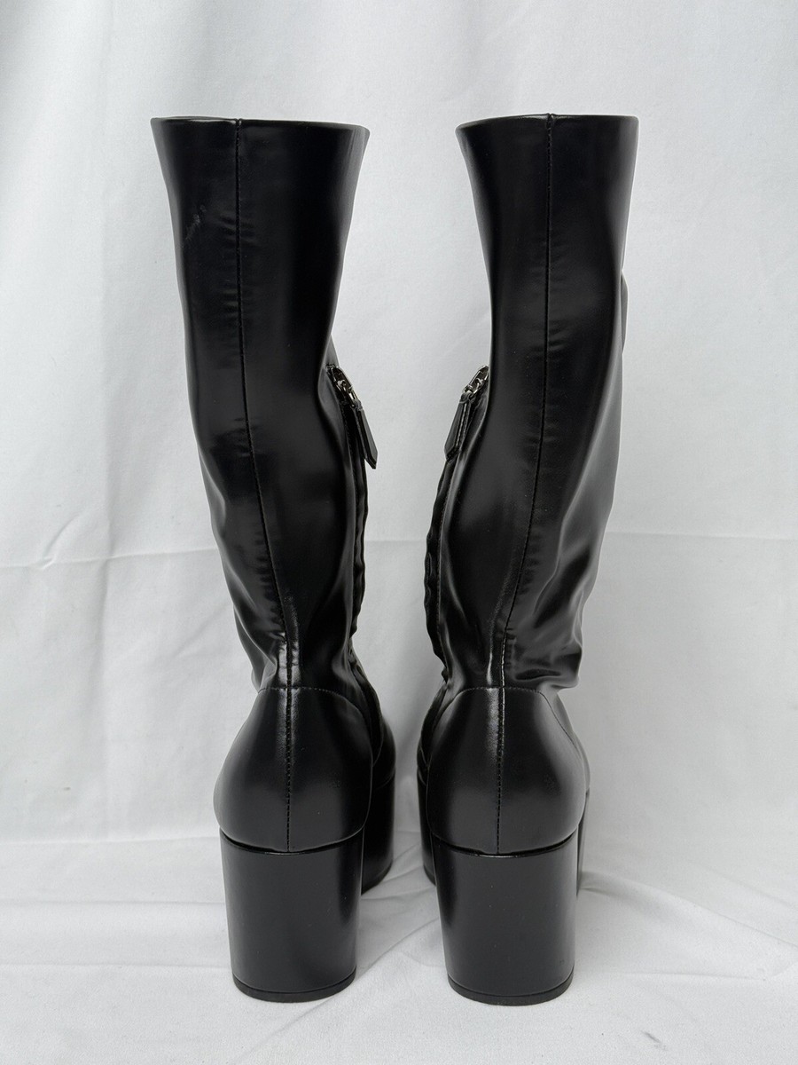 Prada Black Nylon Platform Calf Boots Embossed Logo Size 37