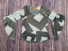 Voom by Joy Han Retro Paisley Print Boho Crochet Bell Sleeve Blouse Size S