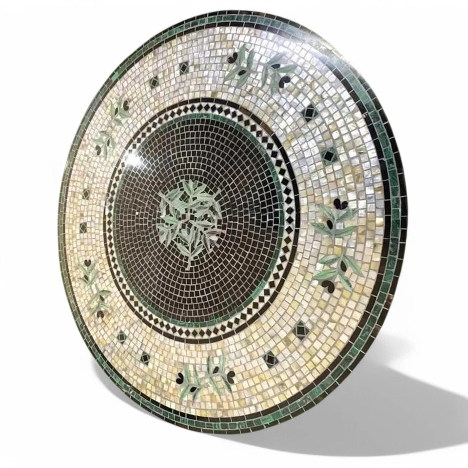 36" Round Marble Console Table | Handmade Gemstone Inlay Top | Pietra Dura Art - Image 2 of 4