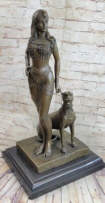 Stunning 100% Solid Gild Bronze Sculpture Egyptian Princess amp; Panther Decor