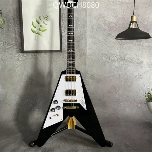 Factory Flying V Electric Guitar Black Gold Hardware Solid Body Left-Handed Fast