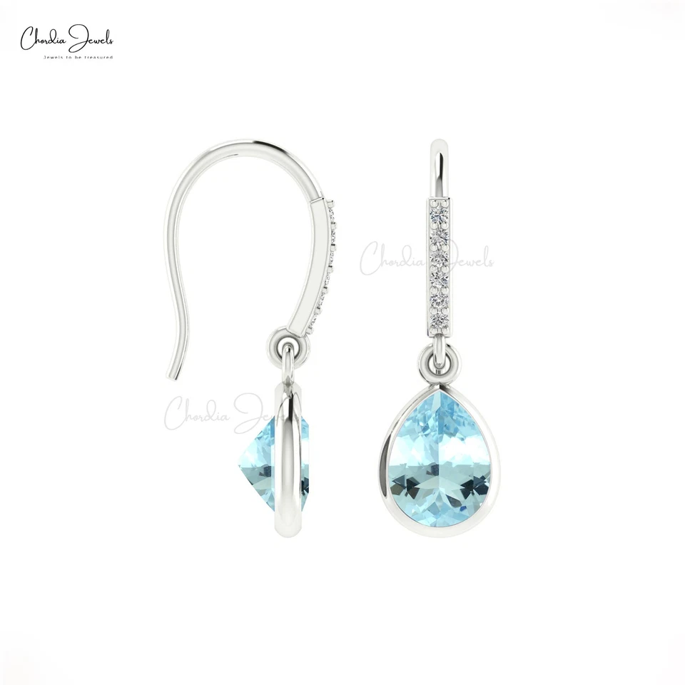 Drop/Dangle Natural Aquamarine & Diamond 14k Solid Gold Wedding Earrings For Her - Image 3 of 4