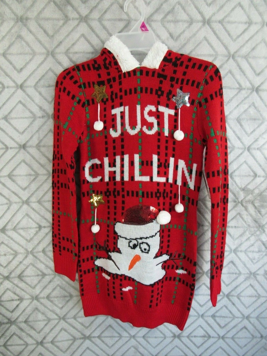 New No Boundaries Christmas Sweater Size XS Red JUST CHILLIN Hoodie  Snowman