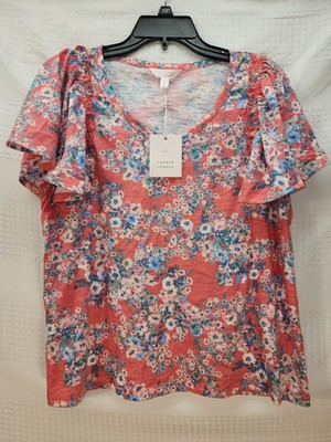 Draper James Blouse Womens Size Petite Large Floral Cap Sleeve Vneck Summer