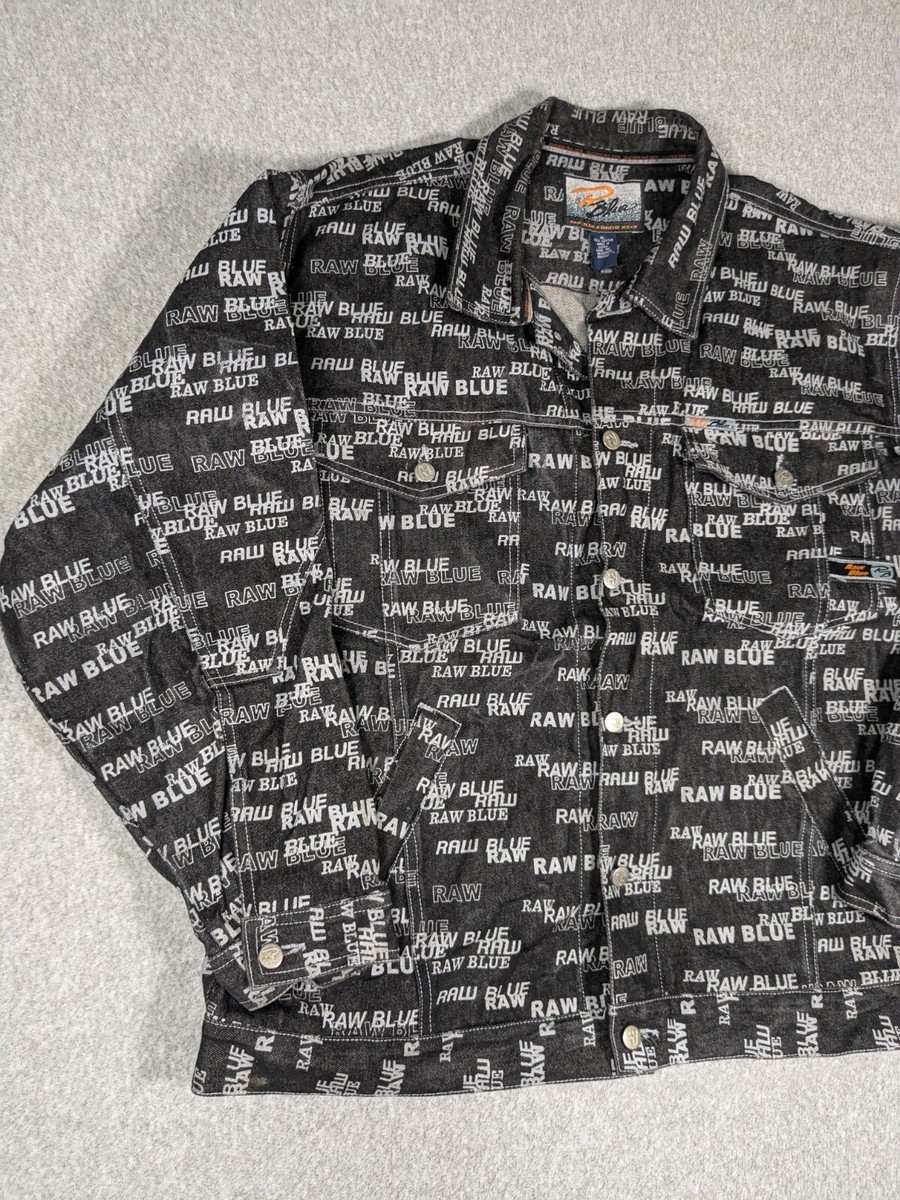 Raw Blue Jacket Men XL Black Denim All Over Logo Grunge Y2K