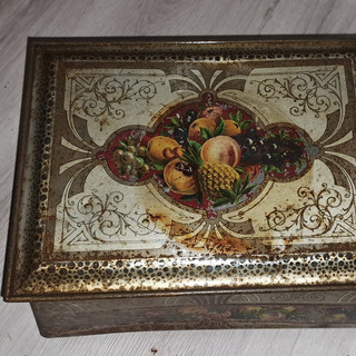 Vintage rechteckige Blechdose mit Klappdeckel Obst /Früchte Motiv