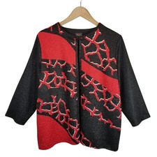 Chico's Travelers Women's Textured Crinkle Open Front Jacket Black Red Large