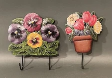 Metal Flower Floral Wall Hooks PANSIES OR TULIPS Handpainted Garden Decor