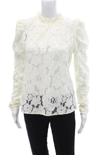 Wayf Womens White Floral High Neck Long Sleeve Blouse Size S