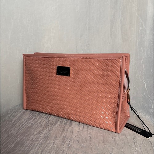 Nicole Miller Large Travel Toiletry Makeup Bag Pink Basket Weave Vegan Leather - Picture 13 of 15