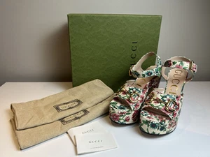 Sandales Gucci Floral Horsebit Platform bride cheville talon bloc bout ouvert EU 38 neuves avec étiquettes