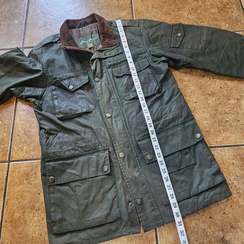 Eddie Bauer Waxed Jacket Oil Skin Tin Cloth Green Mens Small Outdoor Workwear - Picture 9 of 15